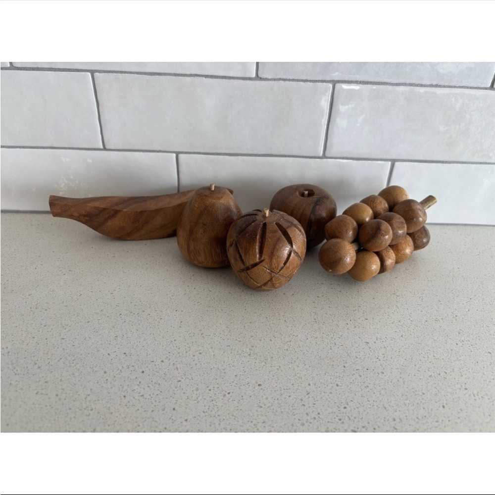 Vintage Hand Carved Wooden Fruit- 5 PIECE SET - Great Display Mid Century Modern
